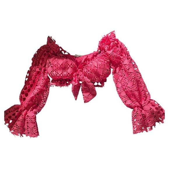 Women's Pink Lace Off-Shoulder Tie Front Top - Picture 3 of 6